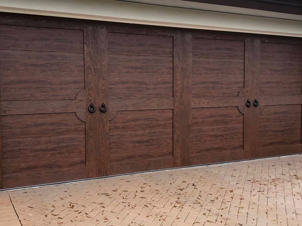 Wood-look garage door close-up